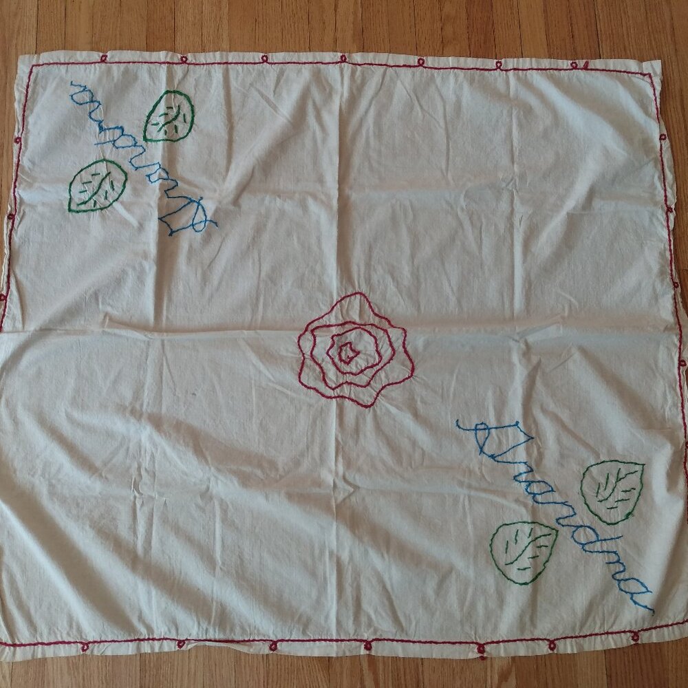 Vintage Tablecloth Primitive Hand Embroidered "Grandma" Red Rose Green Leaves